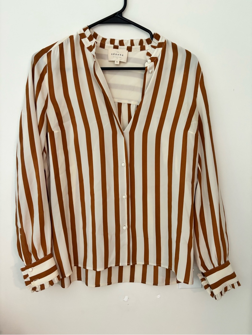 White and Brown Striped V-Neck Button Blouse